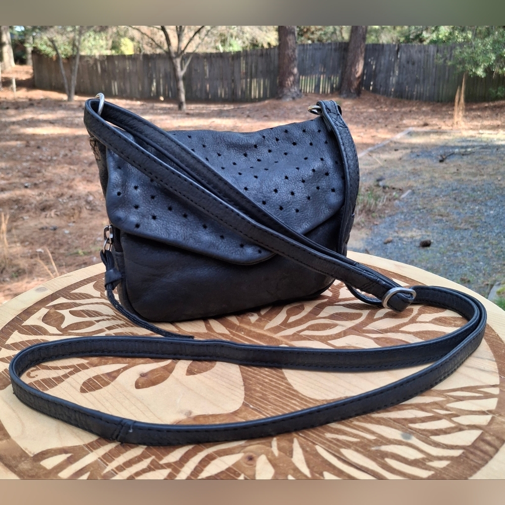 Anthropologie Day & Mood Nelly Black Leather Preforated Crossbody Bag